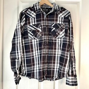 Metro Rue 21 Shirt Mens Size Small Plaid Brown & Black Button Up Casual Shirt